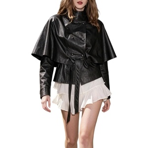 image:imageCHARTOU Women Faux Leather Crop Jacket High Collar Long Sleeve Double Breasted Cape CoatBlack