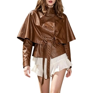 image:imageCHARTOU Women Faux Leather Crop Jacket High Collar Long Sleeve Double Breasted Cape CoatBrown