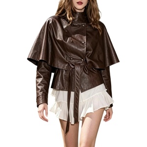 image:imageCHARTOU Women Faux Leather Crop Jacket High Collar Long Sleeve Double Breasted Cape CoatCoffee