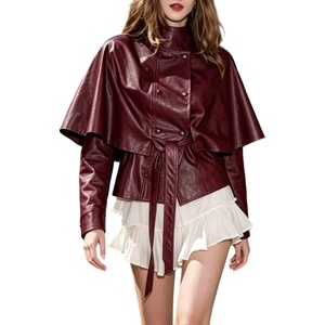 image:imageCHARTOU Women Faux Leather Crop Jacket High Collar Long Sleeve Double Breasted Cape CoatWine