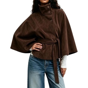 image:imageCHARTOU Women Faux Suede Poncho Coat Funnel Neck Belted Cape Cropped Trench JacketChocolate Brown