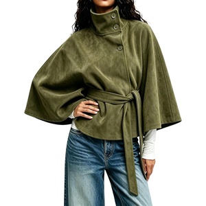 image:imageCHARTOU Women Faux Suede Poncho Coat Funnel Neck Belted Cape Cropped Trench JacketGreen
