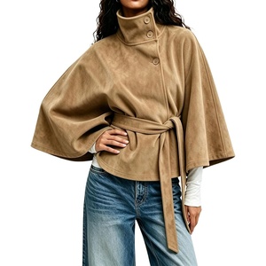 image:imageCHARTOU Women Faux Suede Poncho Coat Funnel Neck Belted Cape Cropped Trench JacketKhaki
