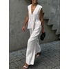 image:imageCHARTOU Womens Cotton Pants Sets 2 Piece Outfits V Neck Button Vest Wide Leg Palazzo Casual Work SuitsBeige