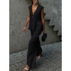 image:imageCHARTOU Womens Cotton Pants Sets 2 Piece Outfits V Neck Button Vest Wide Leg Palazzo Casual Work SuitsBlack