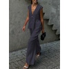image:imageCHARTOU Womens Cotton Pants Sets 2 Piece Outfits V Neck Button Vest Wide Leg Palazzo Casual Work SuitsGrey