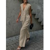 image:imageCHARTOU Womens Cotton Pants Sets 2 Piece Outfits V Neck Button Vest Wide Leg Palazzo Casual Work SuitsKhaki