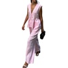 image:imageCHARTOU Womens Cotton Pants Sets 2 Piece Outfits V Neck Button Vest Wide Leg Palazzo Casual Work SuitsPink