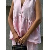 image:imageCHARTOU Womens Cotton Pants Sets 2 Piece Outfits V Neck Button Vest Wide Leg Palazzo Casual Work SuitsPink