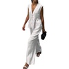 image:imageCHARTOU Womens Cotton Pants Sets 2 Piece Outfits V Neck Button Vest Wide Leg Palazzo Casual Work SuitsBeige