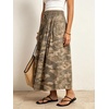 image:imageCHARTOU Womens Elastic Waist Drawstring Jean Skirt Long A Line Pleated Denim SkirtsKhaki Camo