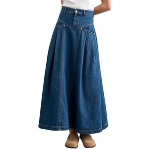 image:imageCHARTOU Women Pleated Denim Maxi Skirt Back Elastic Waist Long Jean Skirt with PocketsDark Blue