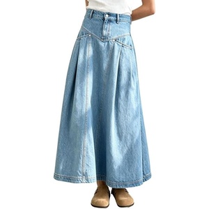 image:imageCHARTOU Women Pleated Denim Maxi Skirt Back Elastic Waist Long Jean Skirt with PocketsLight Blue