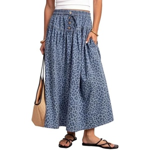 image:imageCHARTOU Womens Elastic Waist Drawstring Jean Skirt Long A Line Pleated Denim SkirtsBlue Leopard