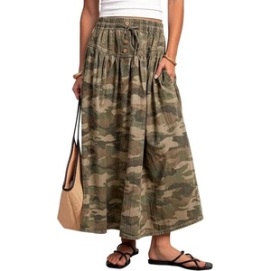 image:imageCHARTOU Womens Elastic Waist Drawstring Jean Skirt Long A Line Pleated Denim SkirtsGreen Camo