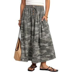 image:imageCHARTOU Womens Elastic Waist Drawstring Jean Skirt Long A Line Pleated Denim SkirtsGrey Camo