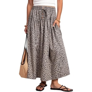 image:imageCHARTOU Womens Elastic Waist Drawstring Jean Skirt Long A Line Pleated Denim SkirtsGrey Leopard