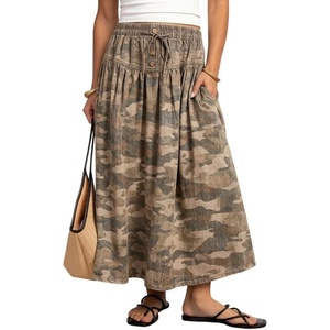 image:imageCHARTOU Womens Elastic Waist Drawstring Jean Skirt Long A Line Pleated Denim SkirtsKhaki Camo