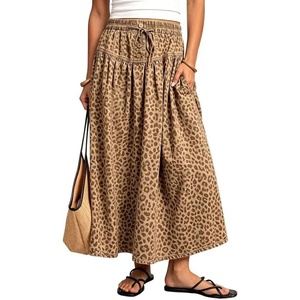 image:imageCHARTOU Womens Elastic Waist Drawstring Jean Skirt Long A Line Pleated Denim SkirtsKhaki Leopard
