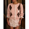 image:imageCHARTOU Women Argyle Sweater Cardigan Y2k Lace Patchwork Buttons Long Sleeve KnitwearPink