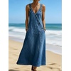 image:imageCHARTOU Women Button Front Denim Overall Dress Adjustable Strap A Linen Long Jean Dress with PocketsDark Blue