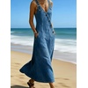 image:imageCHARTOU Women Button Front Denim Overall Dress Adjustable Strap A Linen Long Jean Dress with PocketsDark Blue