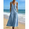 image:imageCHARTOU Women Button Front Denim Overall Dress Adjustable Strap A Linen Long Jean Dress with PocketsLight Blue