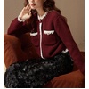 image:imageCHARTOU Women Contrast Trim Cropped Cardigan Sweater Fall Winter Elegant Button Down Crewneck Knitwear TopWine Red