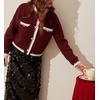 image:imageCHARTOU Women Contrast Trim Cropped Cardigan Sweater Fall Winter Elegant Button Down Crewneck Knitwear TopWine Red