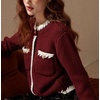 image:imageCHARTOU Women Contrast Trim Cropped Cardigan Sweater Fall Winter Elegant Button Down Crewneck Knitwear TopWine Red