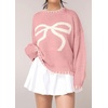 image:imageCHARTOU Women Crew Neck Pullover Sweater Cropped Contrast Trim Cute Bow Knitwear Jumper Fall OutfitsPink