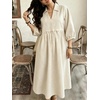 image:imageCHARTOU Women Denim Maxi Dress V Neck 34 Puff Sleeve Babydoll Jean Dress with PocketsBeige