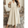 image:imageCHARTOU Women Denim Maxi Dress V Neck 34 Puff Sleeve Babydoll Jean Dress with PocketsBeige