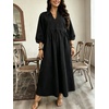 image:imageCHARTOU Women Denim Maxi Dress V Neck 34 Puff Sleeve Babydoll Jean Dress with PocketsBlack