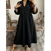 image:imageCHARTOU Women Denim Maxi Dress V Neck 34 Puff Sleeve Babydoll Jean Dress with PocketsBlack