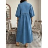 image:imageCHARTOU Women Denim Maxi Dress V Neck 34 Puff Sleeve Babydoll Jean Dress with PocketsBlue