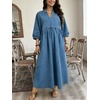 image:imageCHARTOU Women Denim Maxi Dress V Neck 34 Puff Sleeve Babydoll Jean Dress with PocketsBlue