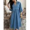 image:imageCHARTOU Women Denim Maxi Dress V Neck 34 Puff Sleeve Babydoll Jean Dress with PocketsBlue