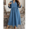image:imageCHARTOU Women Denim Maxi Dress V Neck 34 Puff Sleeve Babydoll Jean Dress with PocketsBlue