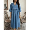 image:imageCHARTOU Women Denim Maxi Dress V Neck 34 Puff Sleeve Babydoll Jean Dress with PocketsBlue