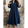 image:imageCHARTOU Women Denim Maxi Dress V Neck 34 Puff Sleeve Babydoll Jean Dress with PocketsDark Blue
