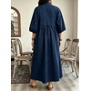 image:imageCHARTOU Women Denim Maxi Dress V Neck 34 Puff Sleeve Babydoll Jean Dress with PocketsDark Blue