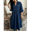 image:imageCHARTOU Women Denim Maxi Dress V Neck 34 Puff Sleeve Babydoll Jean Dress with PocketsDark Blue