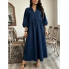 image:imageCHARTOU Women Denim Maxi Dress V Neck 34 Puff Sleeve Babydoll Jean Dress with PocketsDark Blue
