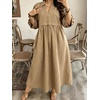 image:imageCHARTOU Women Denim Maxi Dress V Neck 34 Puff Sleeve Babydoll Jean Dress with PocketsKhaki