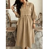 image:imageCHARTOU Women Denim Maxi Dress V Neck 34 Puff Sleeve Babydoll Jean Dress with PocketsKhaki