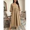 image:imageCHARTOU Women Denim Maxi Dress V Neck 34 Puff Sleeve Babydoll Jean Dress with PocketsKhaki