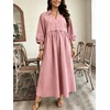 image:imageCHARTOU Women Denim Maxi Dress V Neck 34 Puff Sleeve Babydoll Jean Dress with PocketsPink