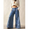 image:imageCHARTOU Women Floral Boho Wide Leg Jeans Back Elastic Waist Midi Rise Patchwork Bell Jeans with PocketsBlue