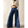 image:imageCHARTOU Women Floral Boho Wide Leg Jeans Back Elastic Waist Midi Rise Patchwork Bell Jeans with PocketsDark Blue